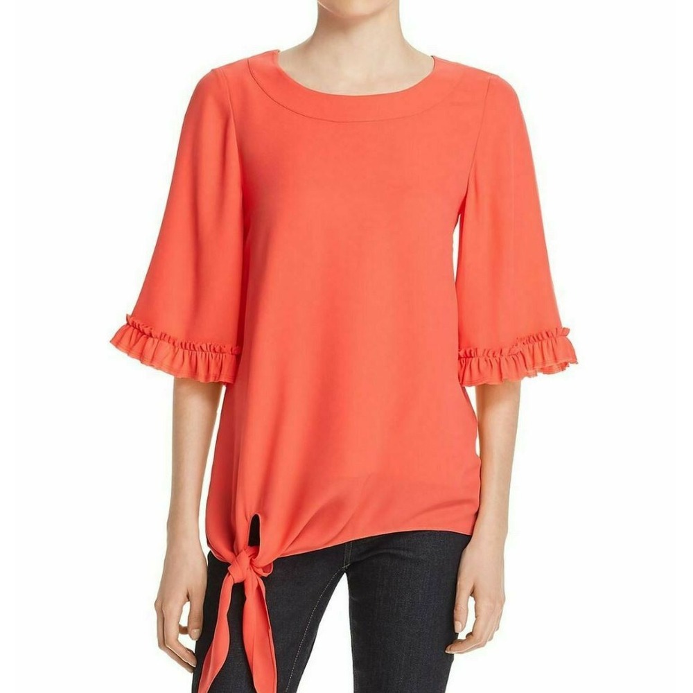 Le Gali Brooke Blouse Papaya Red Ruffle Sleeve Side Tie Top BS9B22 XS